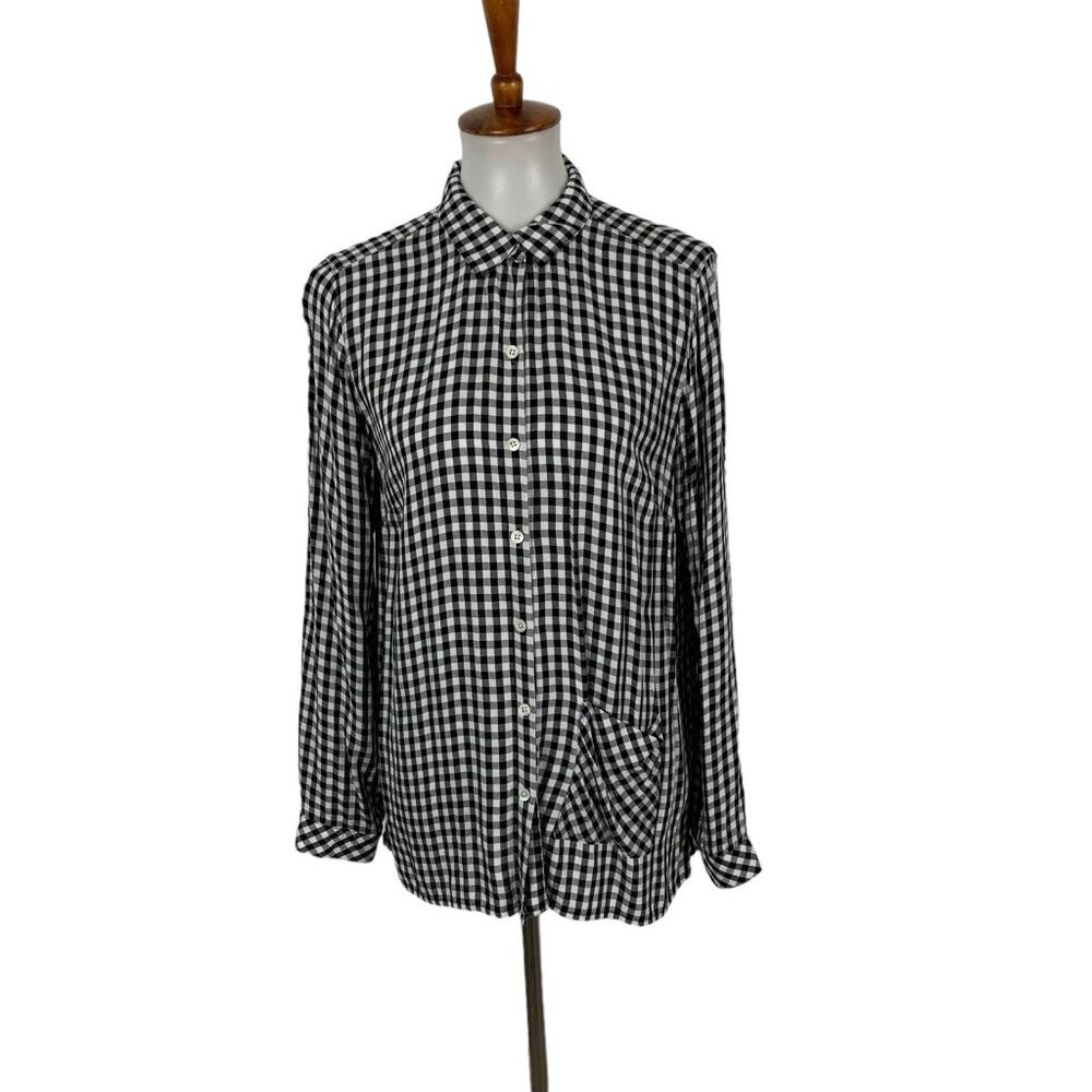 J Jill Button Down Shirt Small Gingham Black White Cotton Long Sleeve‎